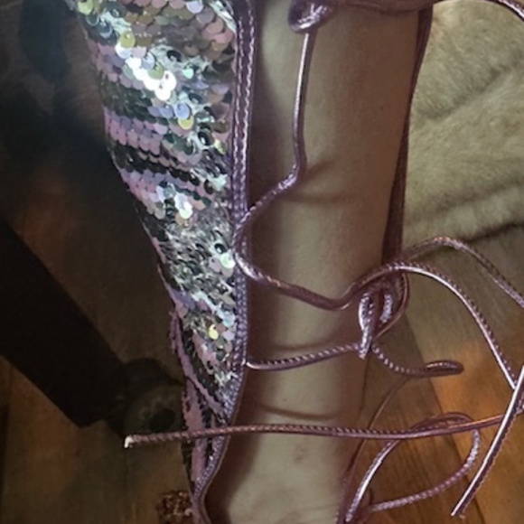 SEXY Pink & Sliver Sequin High Stiletto Boots w/Open Laced Back - Brand New 8.5M - Picture 10 of 16